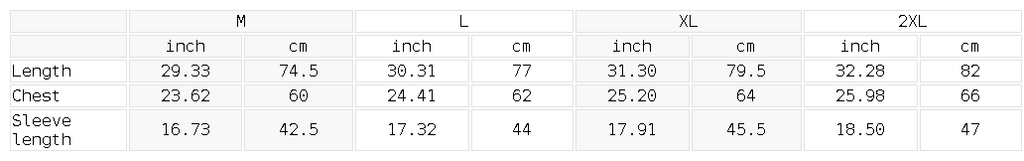 Measurement chart for clothing sizes M, L, XL, 2XL with dimensions in inches and centimeters.