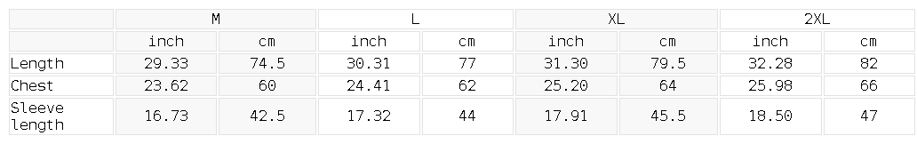 Measurement chart for clothing sizes M, L, XL, 2XL with dimensions in inches and centimeters.